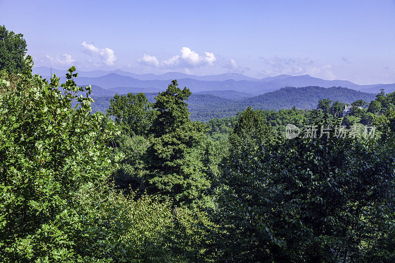 在夏季，北卡罗来纳大烟山的令人惊叹的景色。大烟山(Great Smoky Mountains)从田纳西州和北卡罗来纳州的边界开始，从那里向美国东南部的东北方向延伸